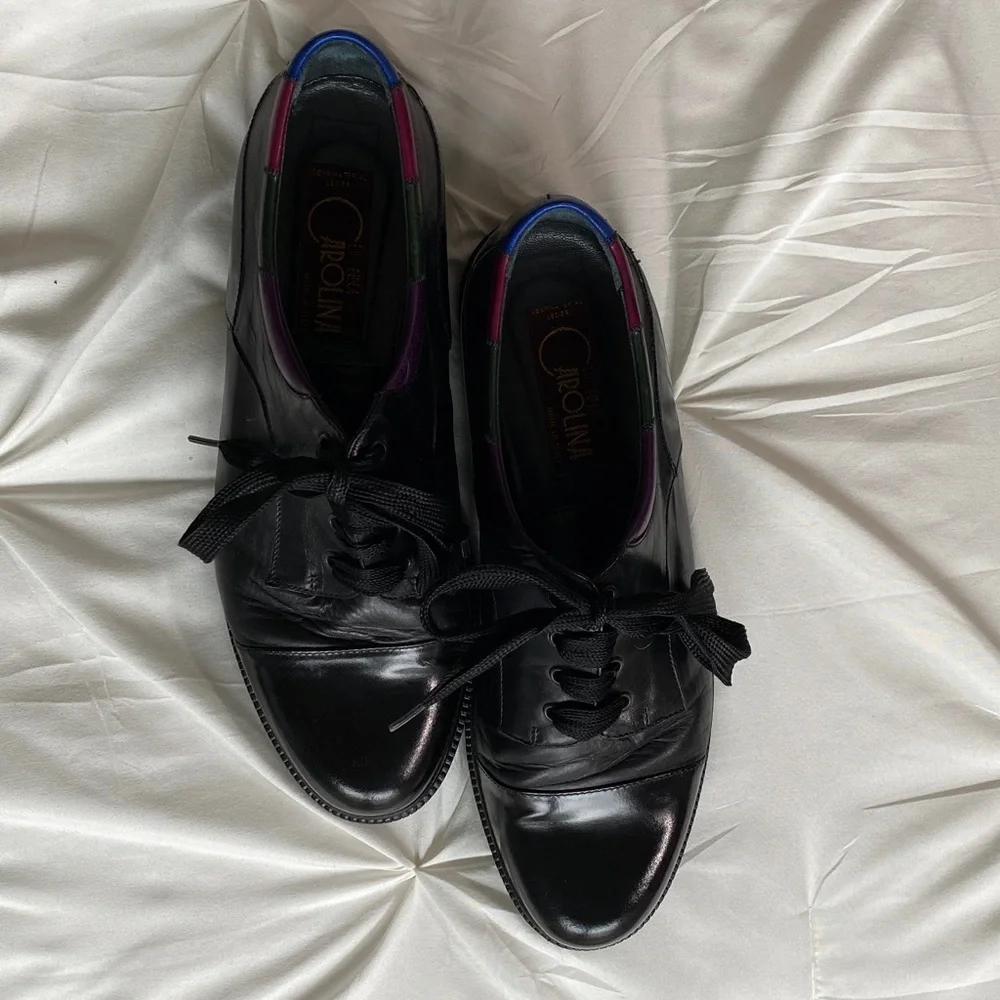 Black Leather Lace-Up Shoes with Multicolor Color Trim Made in Italy 38 1/2